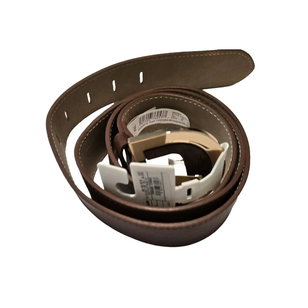 Classic Brown Leather Belt with Gold Buckle (New)